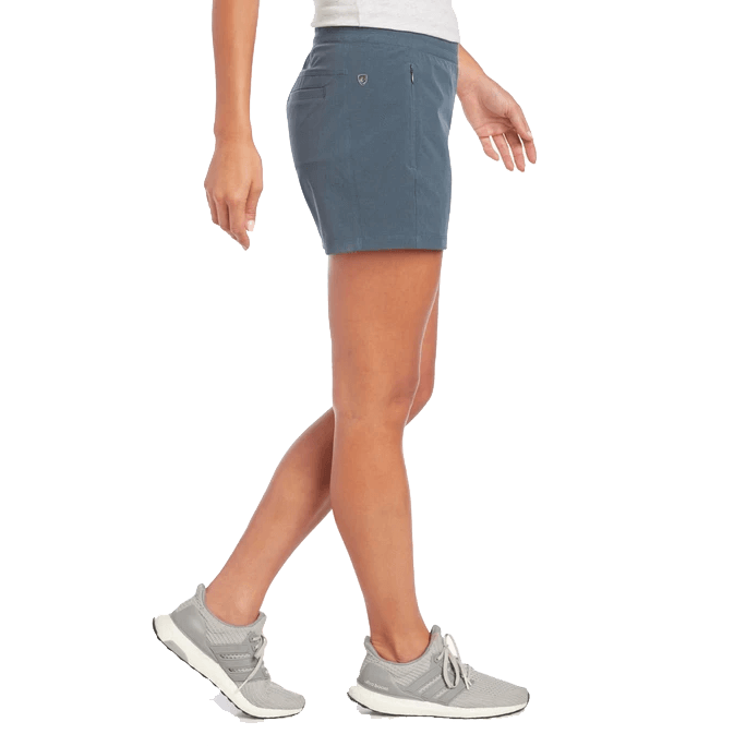 Women's athletic shorts in slate blue-gray color shown from side angle