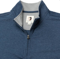 Navy blue heathered pullover with quarter zip and stand collar, collar detail view