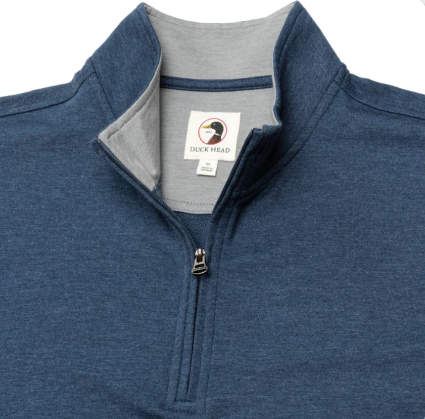 Navy blue heathered pullover with quarter zip and stand collar, collar detail view