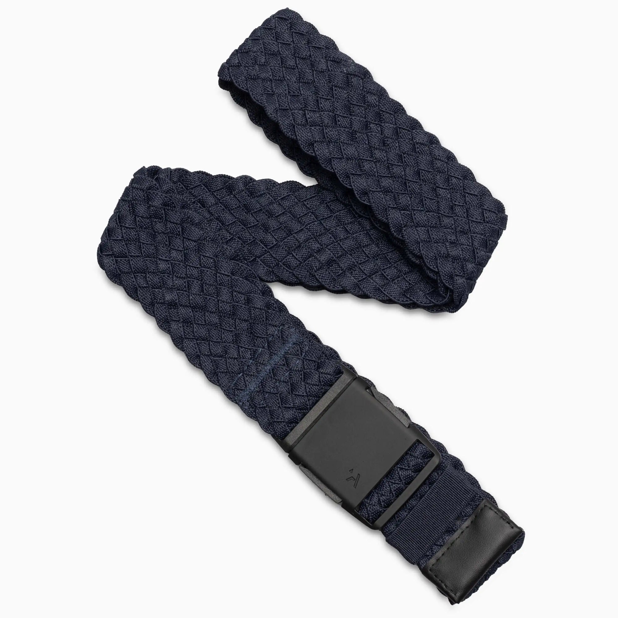 Woven fabric belt with textured braided pattern and black plastic buckle, displayed unfolded