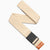 Woven fabric belt in light tan color with black buckle, shown unrolled