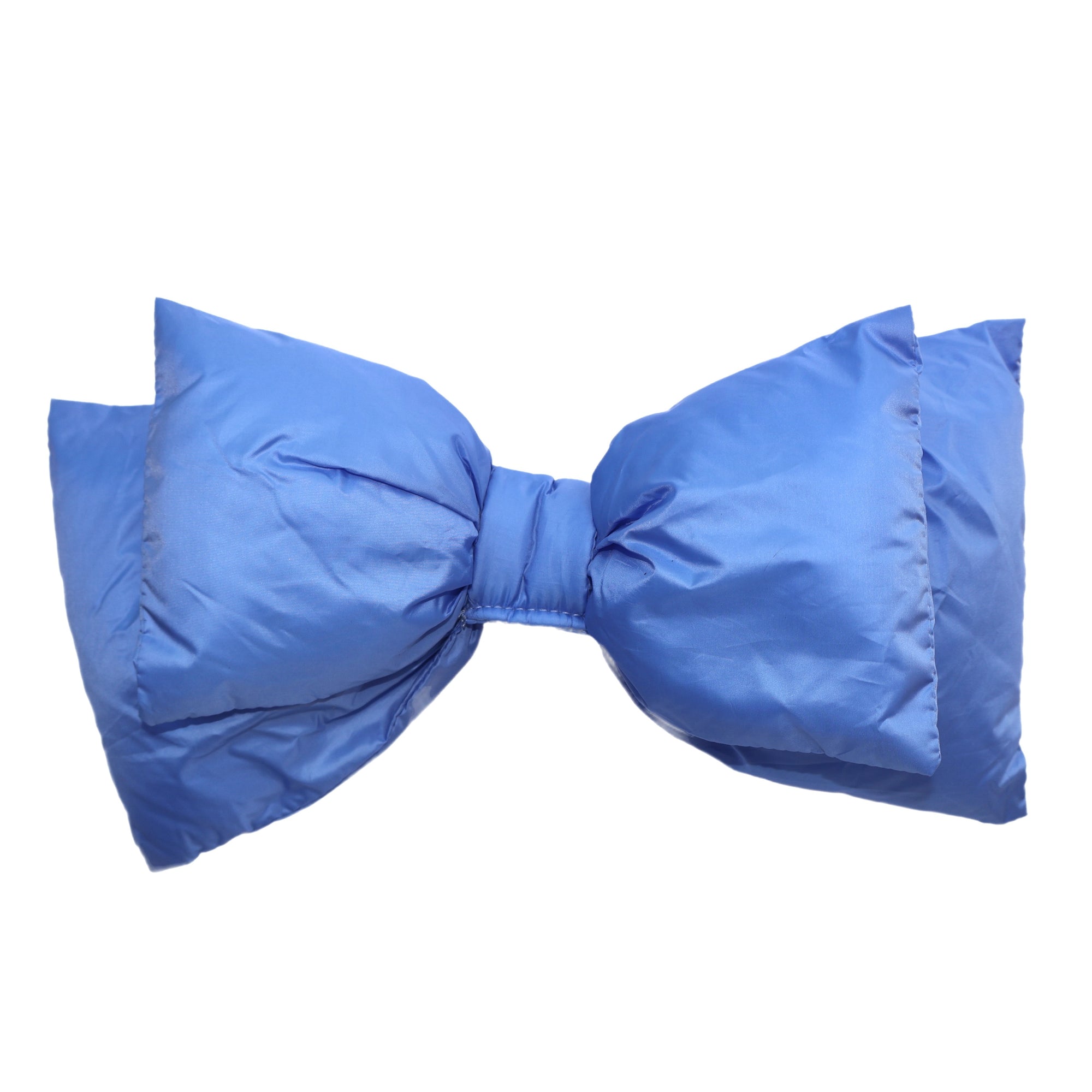 Oversized puffer bow accessory in medium blue, front view on white background