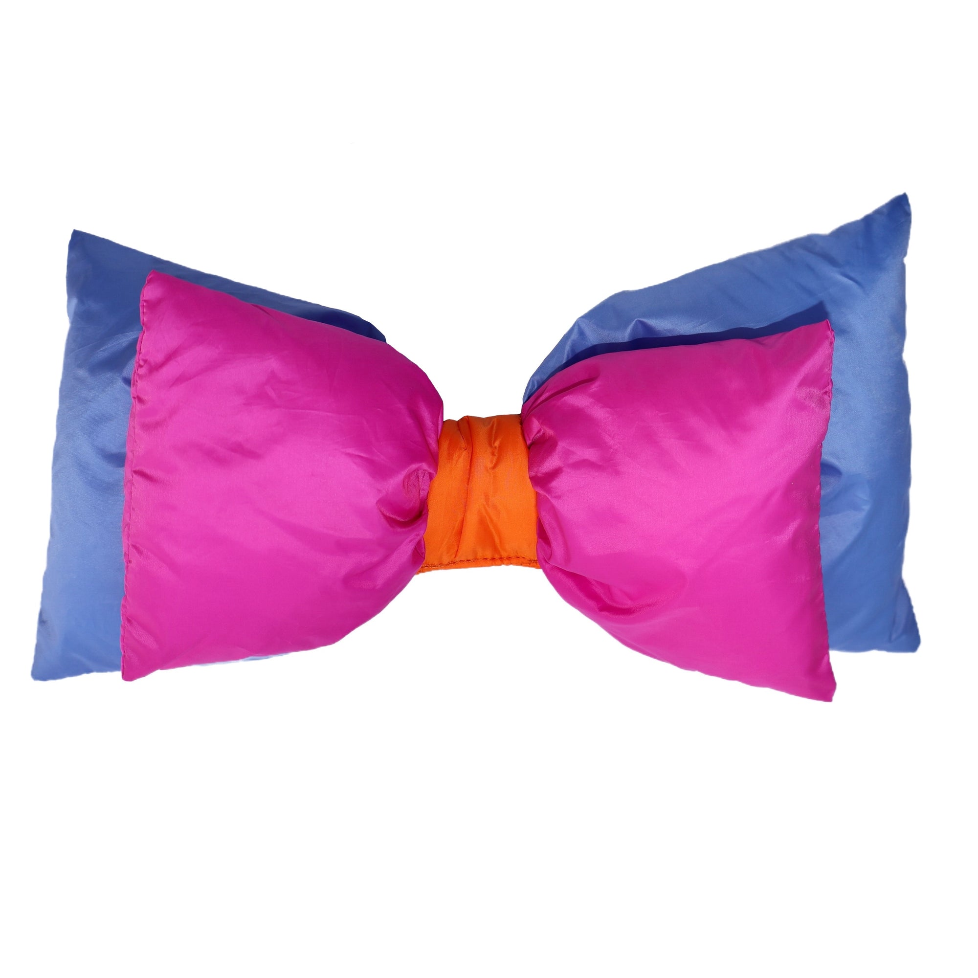 Oversized ski helmet bow accessory in pink, blue, and orange, bow-tie shape, studio shot