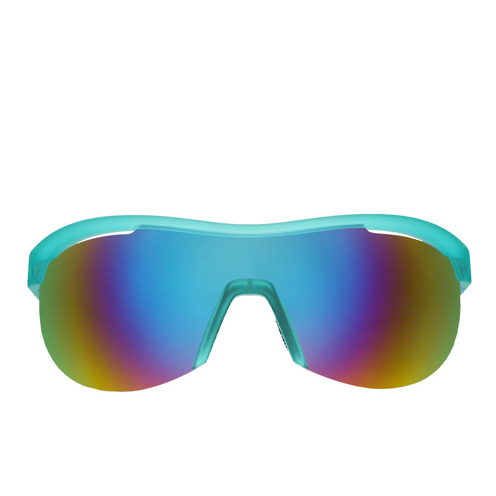 Teal sports sunglasses with wraparound rainbow mirrored lenses, front view on white background