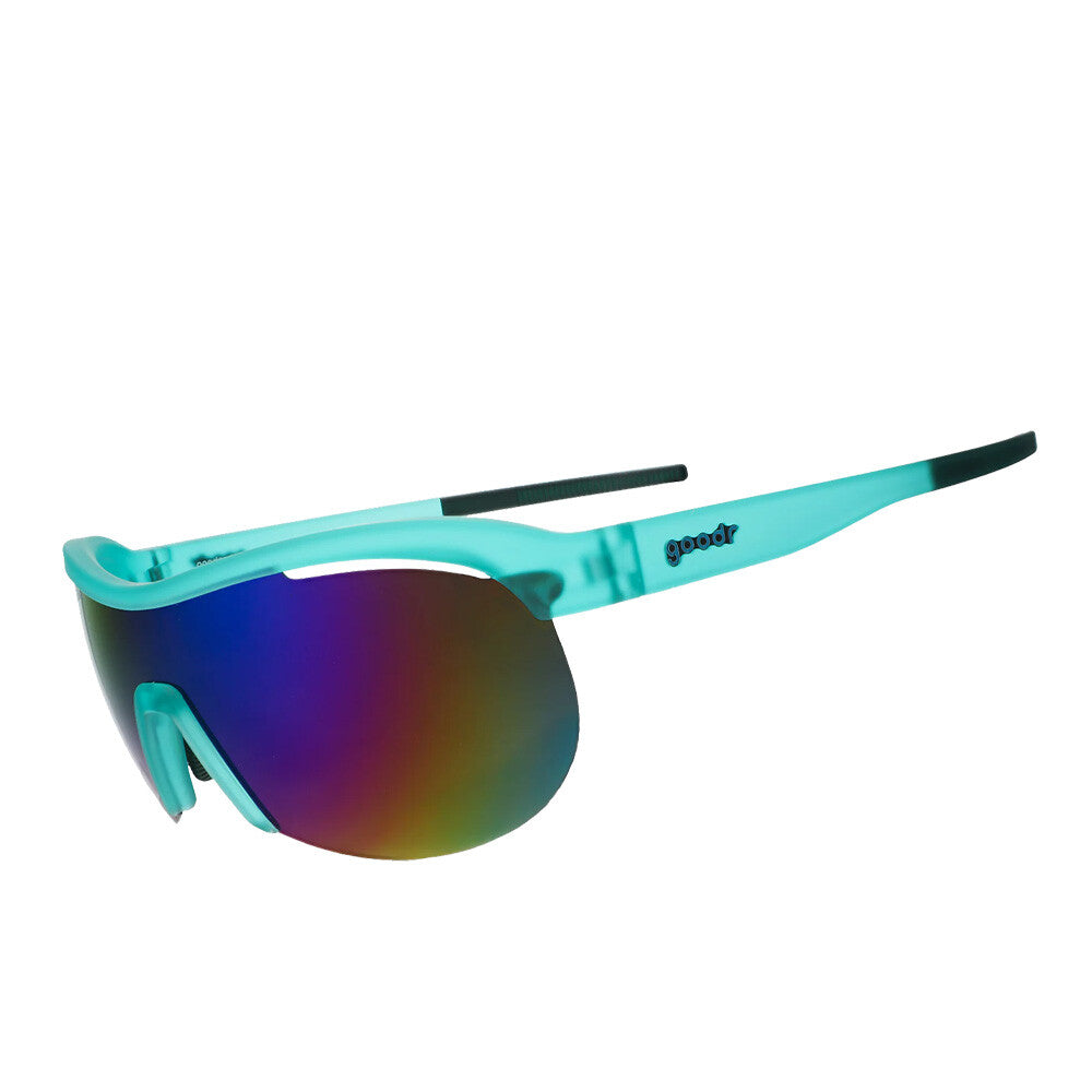 Sport sunglasses with turquoise frame and rainbow mirrored wraparound lens, side angle view