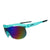 Sport sunglasses with turquoise frame and rainbow mirrored wraparound lens, side angle view