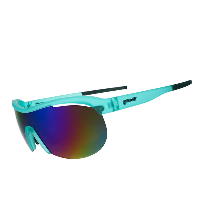 Sport sunglasses with turquoise frame and rainbow mirrored wraparound lens, side angle view
