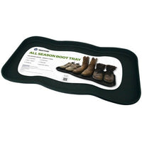 Dark green rectangular boot tray with curved edges and product packaging label showing various boots