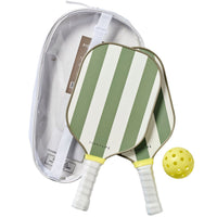 Pickleball paddle set with sage green striped paddles, yellow ball, and clear carrying case