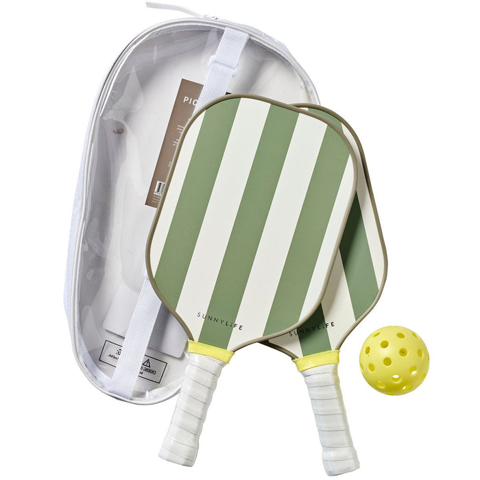 Pickleball paddle set with sage green striped paddles, yellow ball, and clear carrying case