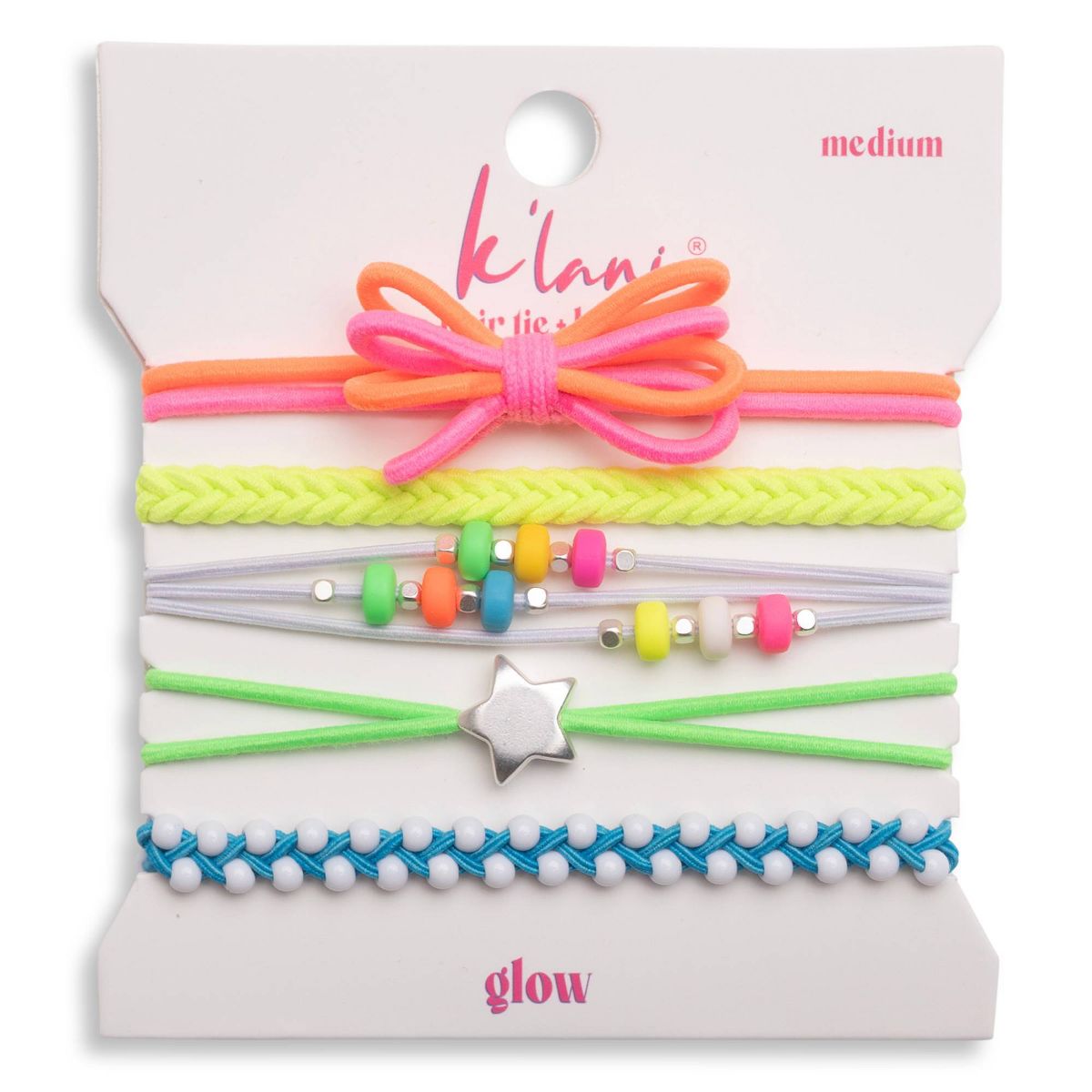Set of five colorful hair ties with bow, braided, beaded, star charm, and pom-pom styles on card