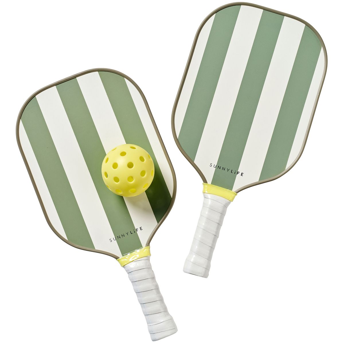 Two striped pickleball paddles with white grips and yellow perforated ball on clean background