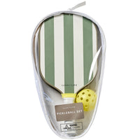 Pickleball set in clear carrying case with green and white striped paddles and yellow ball