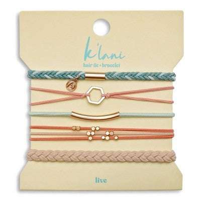 Set of five hair tie bracelets in pastel coral, mint, and nude with gold geometric charms