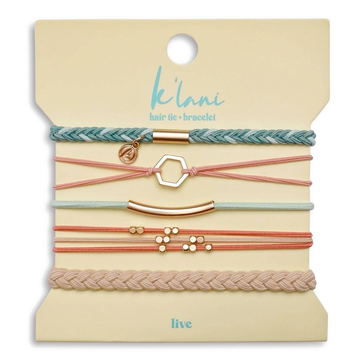Set of five hair tie bracelets in pastel colors with braided and elastic styles, rose gold charms