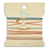 Set of five hair tie bracelets in pastel colors with braided and elastic styles, rose gold charms