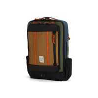 Large travel backpack with multiple compartments, olive and khaki panels, orange accents, front three-quarter view