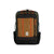 Large travel backpack with tan front panel, olive sides, black base, and orange zipper pulls, front view