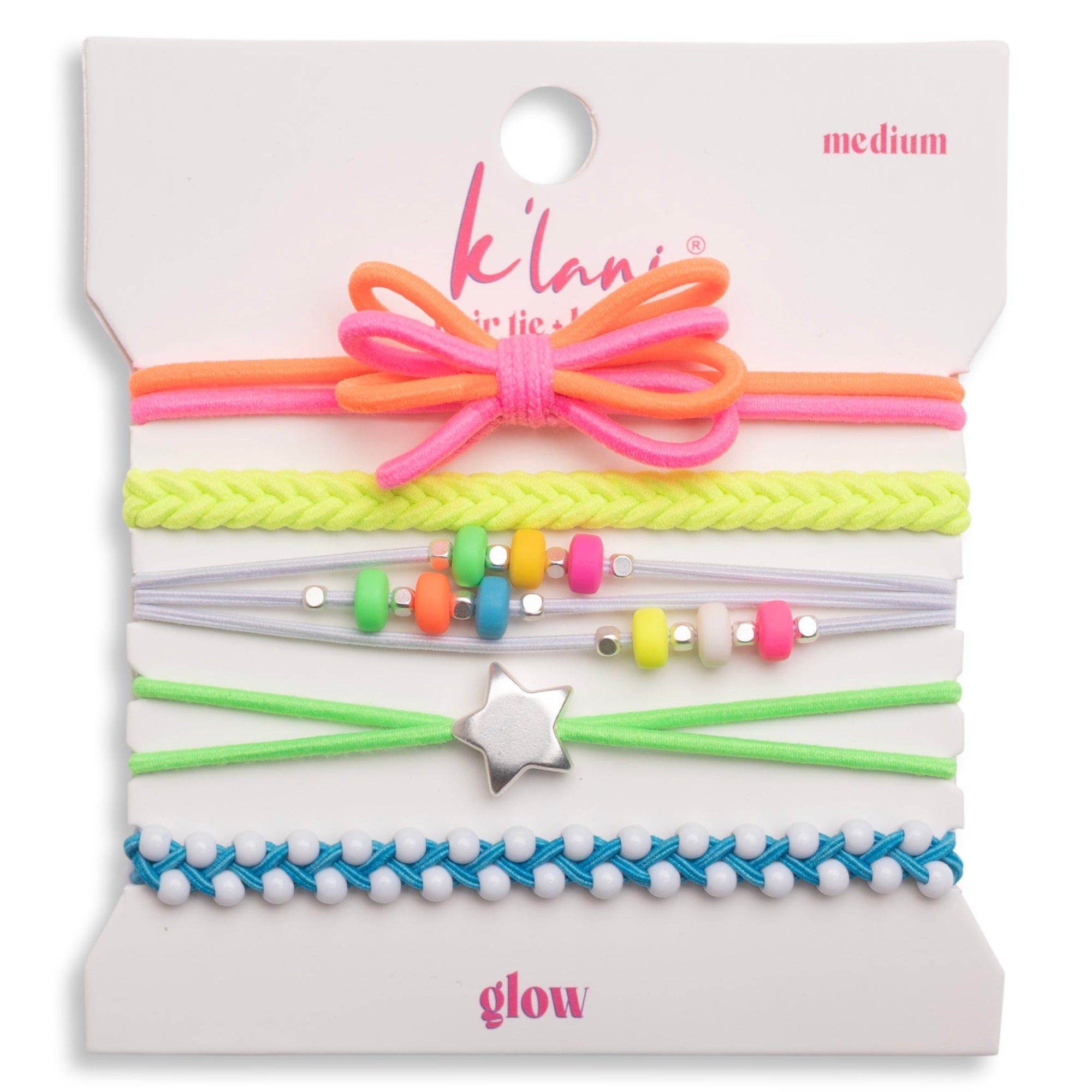 Set of five colorful hair ties and bracelets with beads, bow, star charm, and braided designs
