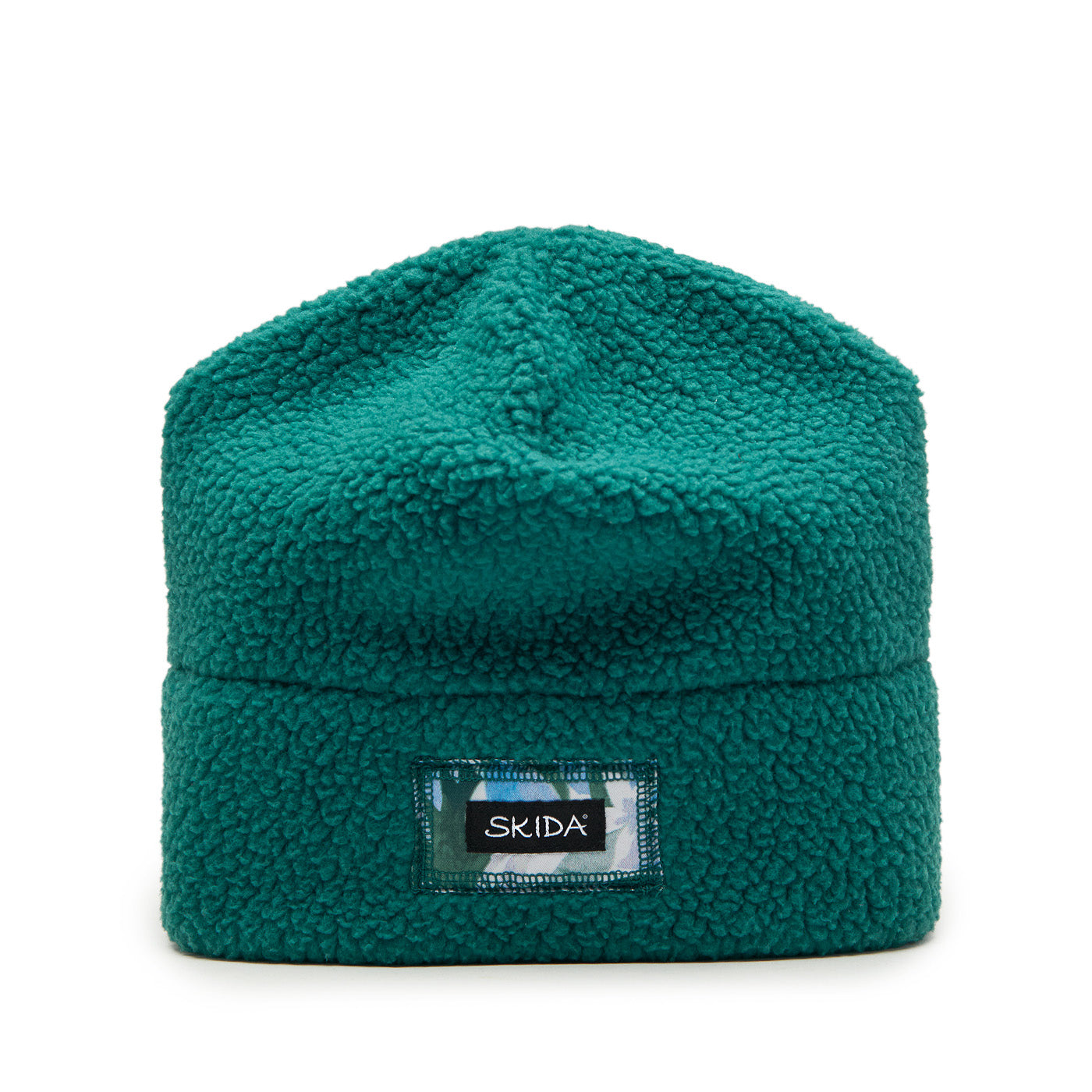 Teal sherpa fleece beanie hat with cuffed brim and woven label, front view