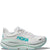 Light gray running shoe with teal accents and thick cushioned sole, side profile view
