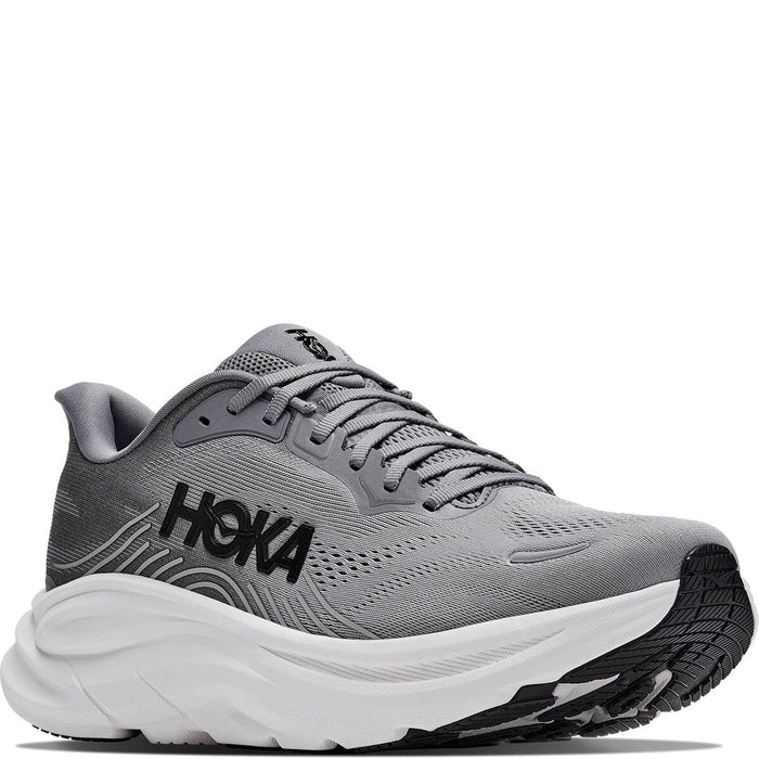 Men's running shoe with thick white cushioned sole, gray mesh upper, and black logo, three-quarter view
