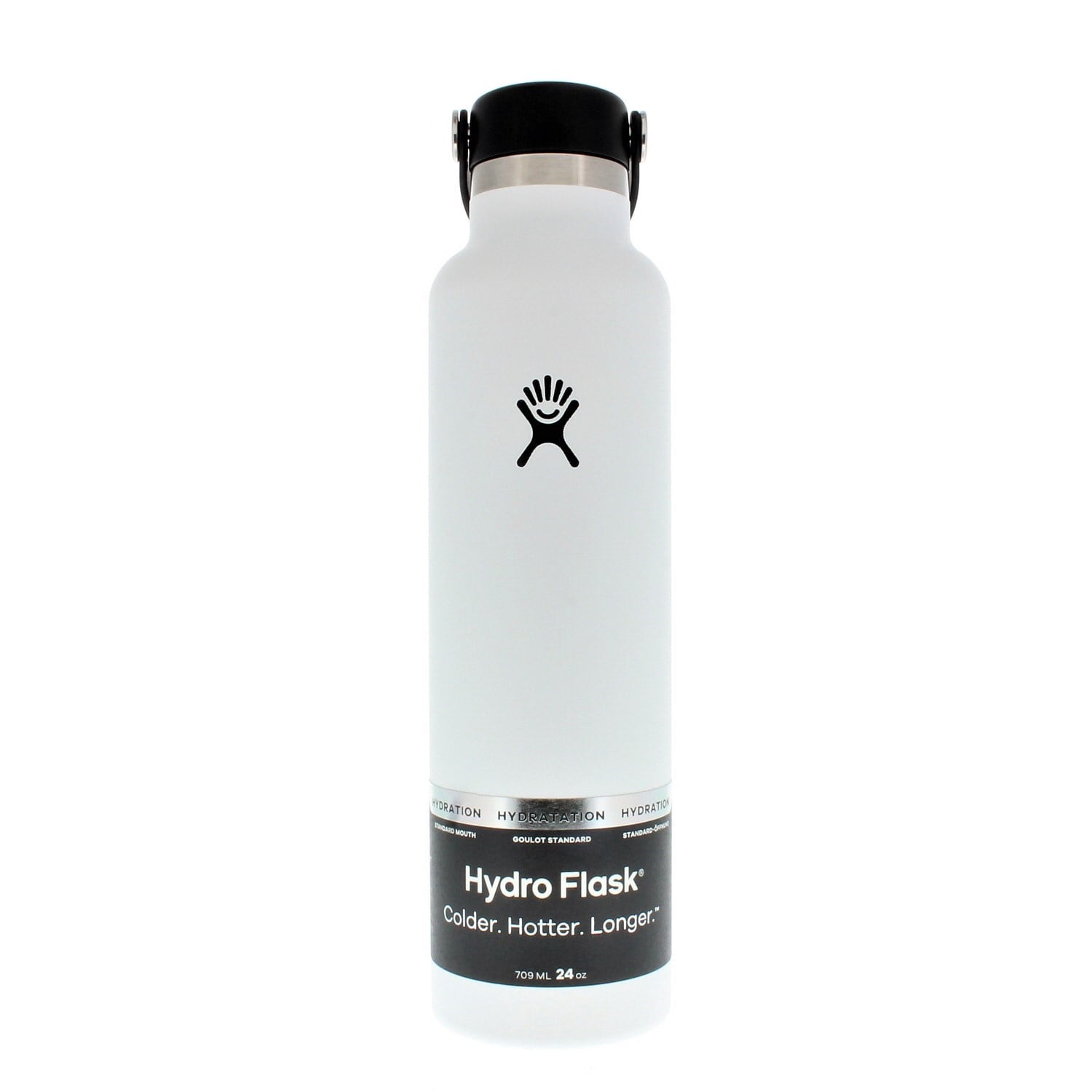 White insulated stainless steel water bottle with black flex cap, front view, 24oz