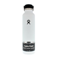 White insulated stainless steel water bottle with black flex cap, front view, 24oz