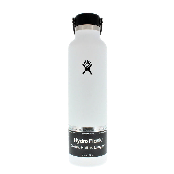 White insulated stainless steel water bottle with black flex cap, front view, 24oz