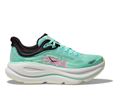 Mint green running shoe with mesh upper, black collar details, and white midsole, side view