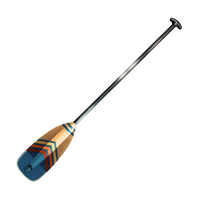 Canoe paddle with geometric patterned blade in blue, orange and tan colors on white background