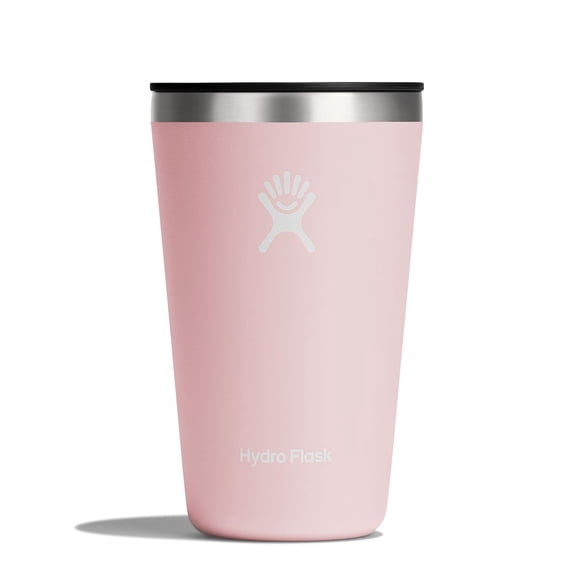 Light pink insulated tumbler with black lid and silver rim, front view