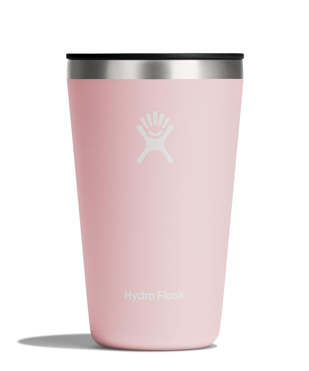 Light pink insulated tumbler with black lid and white logo, front view