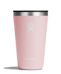 Light pink insulated tumbler with black lid and white logo, front view