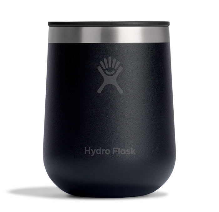 Matte black insulated stemless wine tumbler with stainless steel lid, front view