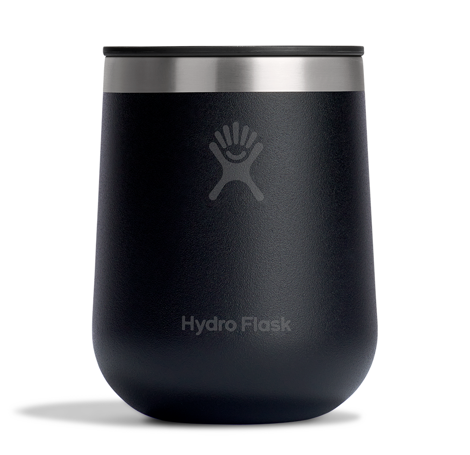 Matte black insulated stemless wine tumbler with stainless steel lid, front view