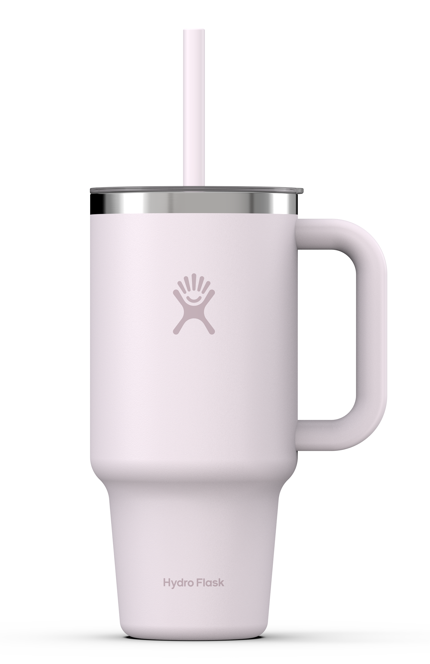 32oz insulated travel tumbler with handle, straw lid, and embossed logo, front view
