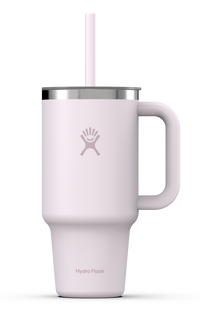 32oz insulated travel tumbler with handle, straw lid, and embossed logo, front view