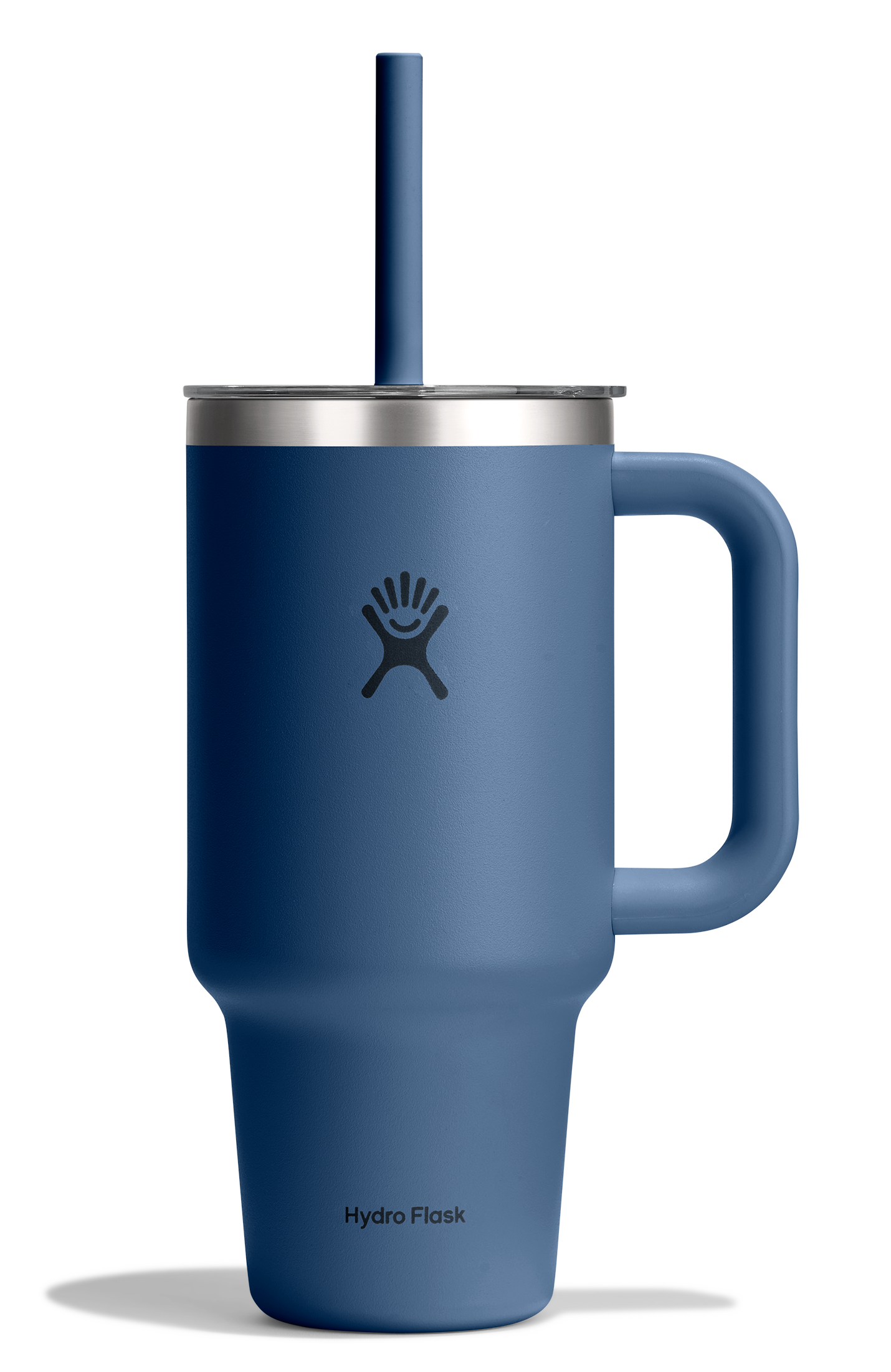 Large insulated travel tumbler with handle, straw lid, and matte blue finish, front view
