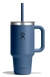 Large insulated travel tumbler with handle, straw lid, and matte blue finish, front view