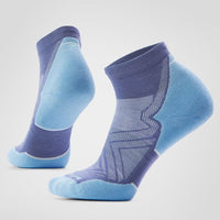 Blue gradient running ankle socks with geometric pattern, shown from side and back view