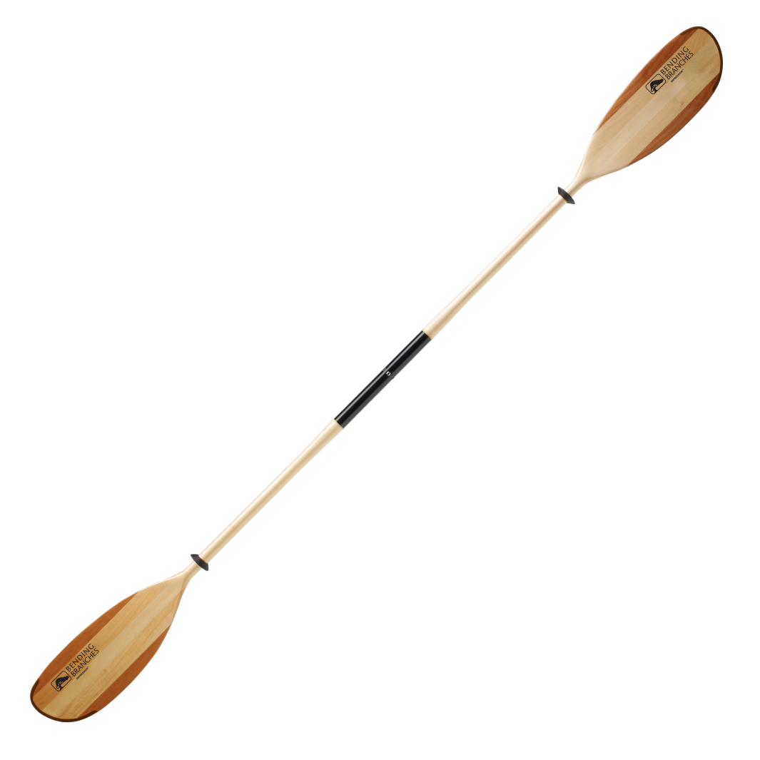 Double-bladed wooden kayak paddle with light wood finish and black grip section
