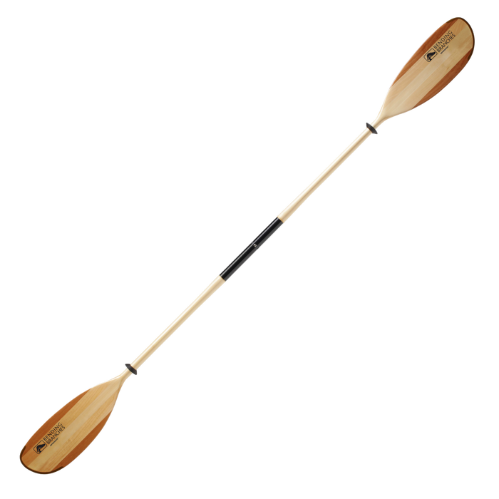 Double-bladed wooden kayak paddle with light wood finish and black grip section