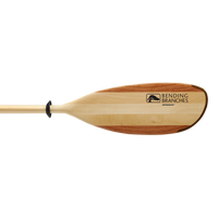 Wooden kayak paddle with natural wood grain blade and shaft on white background