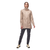 Light beige hooded jacket with full zip closure worn over dark pants