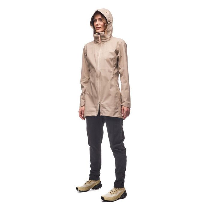 Light beige hooded jacket with full zip closure worn by woman, front view