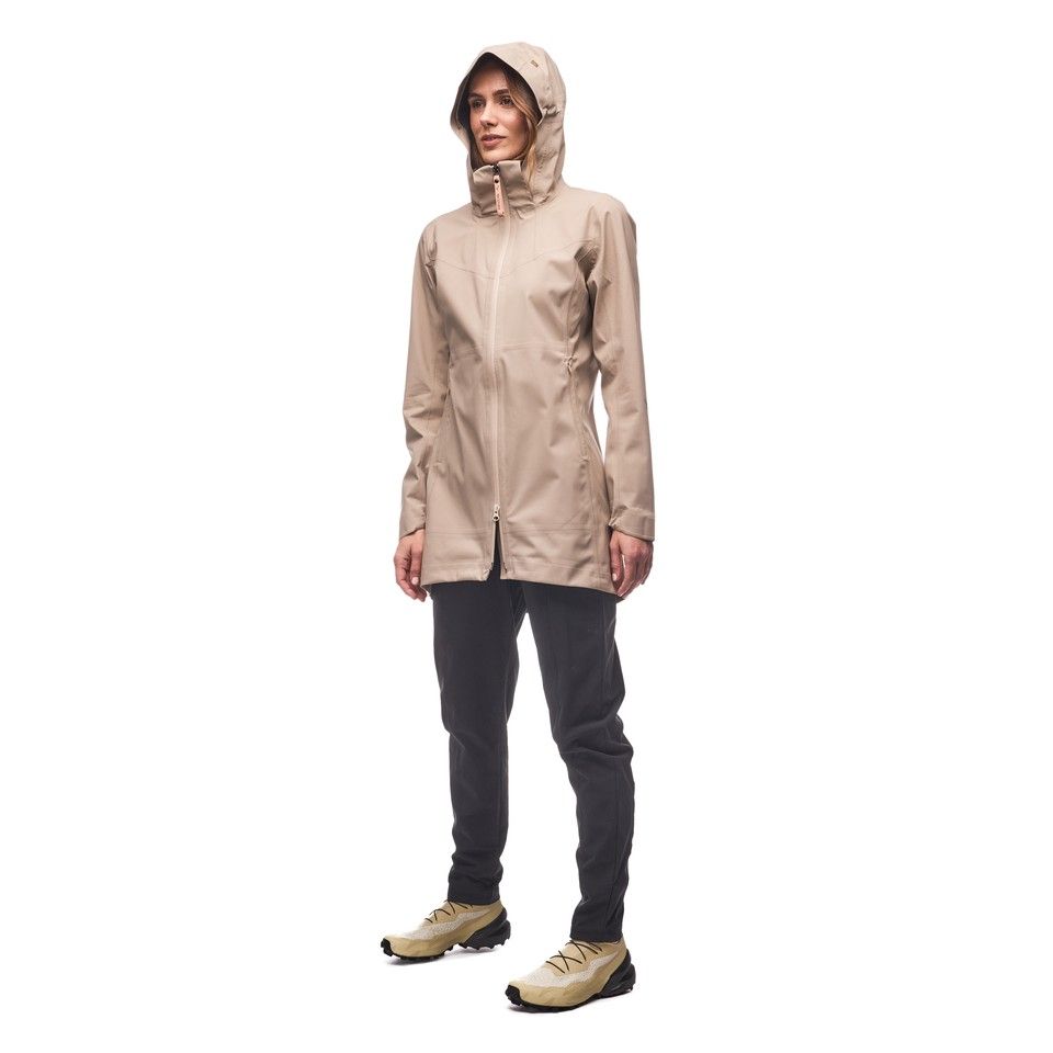 Light beige hooded jacket with full zip closure worn by woman, front view