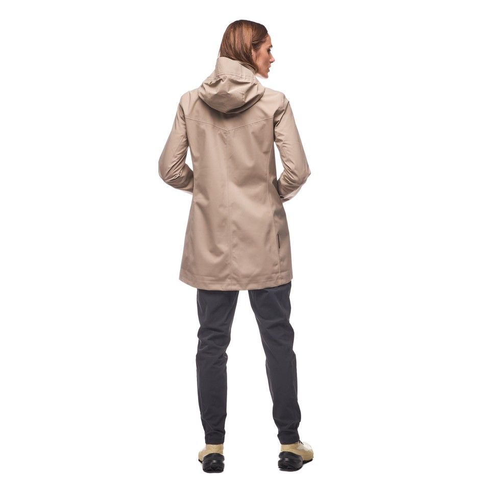 Women's hooded jacket in light tan color shown from back view