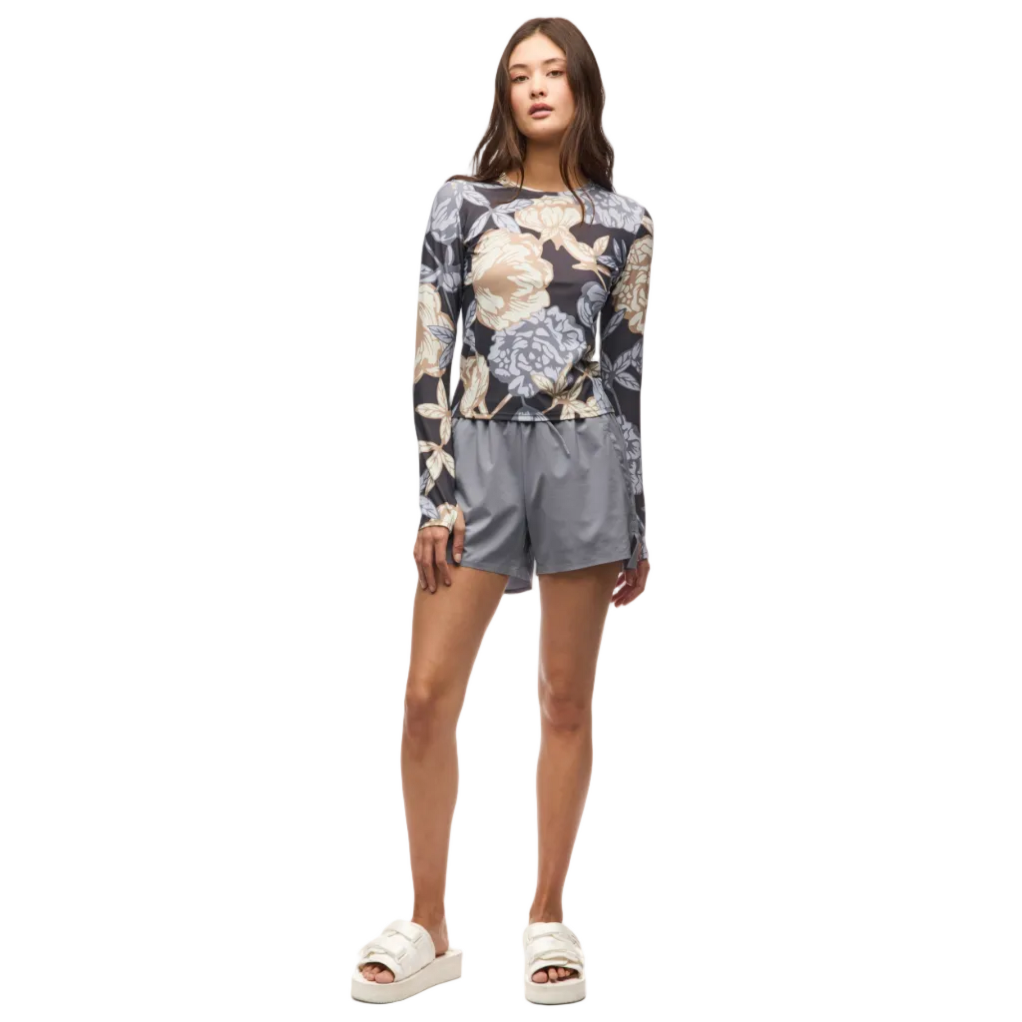 Long-sleeve floral print top with matching gray shorts, full body front view