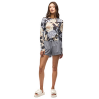Long-sleeve floral print top with matching gray shorts, full body front view